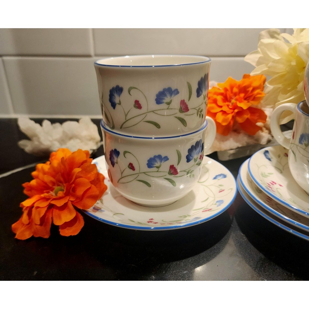 Royal Doulton Windermere Teacup Set Vintage 1990 Blue Floral English China 4pc